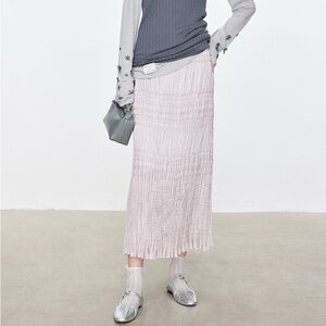 CHICJOC Women Handmade Pleated Pearl Satin Skirt – High-End Draped Design sz 40